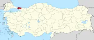 Istanbul (I) highlighted in red on a beige political map of Turkeym