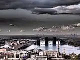 Panorama view of the bridge in 2012, pictured from the Arch of Freedom of the Ukrainian People