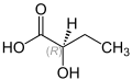 Molecular diagram of 2-hydroxybutyric acid, with the central alcohol carbon labeled "(R)"