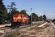 Unit A462, an OSE diesel locomotive, stands at Larissa station between duties, 6 November 1992