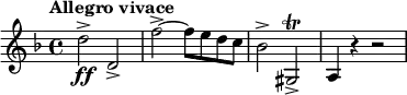 
{
  \new PianoStaff <<
    \new Staff \relative d'' {
      \set Staff.midiInstrument = #"trumpet" \key d \minor \clef treble \time 4/4 \set Score.tempoHideNote = ##t \tempo "Allegro vivace" 4 = 160
      d2 \ff -> d,2 -> | % 2
      f'2 ~ -> f8 e8 d8 c8 | % 3
      bes2 -> gis,2 \trill -> | % 4
      a4 r4 r2
    }
  >>
}
