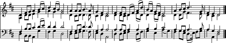 
<< <<
\new Staff { \clef treble \time 4/4 \key d \major \set Staff.midiInstrument = "church organ" 
\omit Staff.TimeSignature \set Score.tempoHideNote = ##t \override Score.BarNumber #'transparent = ##t
  \relative c'
  << { d4 fis8 g a4 b8( cis) | d4 cis8( b) a2 |
  a4 a8 a b4. a8 | g4 fis e2 |
  fis4 fis8 e d([ fis]) a( d) | b([ a]) g( fis) e2 |
  a4 b8 cis d4. g,8 | fis4 e d2 \bar"|." } \\
  { a4 d8 d e4 g | a g fis2 |
  d4 cis8 d d4. d8 | cis4 d cis2 |
  d4 d8 cis d4 fis8( d) | d4 e8( d) cis2 |
  d4 d8 g fis4. e8 | d4 cis d2 } >>
}
\new Lyrics \lyricmode {
}
\new Staff { \clef bass \key d \major \set Staff.midiInstrument = "church organ" \omit Staff.TimeSignature
  \relative c
  << { fis4 b8 b cis4 d8( e) | d4 d d2 |
  fis,4 g8 a d4. d8 | g,4 a a2 |
  a4 a8 g a4 a | b b cis2 |
  a4 g8 g a4. b8 | a4 g fis2 } \\
  { d4 b8 b a4 g' | fis g d2 |
  d4 e8 fis g4. fis8 | e4 d a2 |
  d4 d8 e fis4 d8( fis) | g4 e a( g) |
  fis g8 e d8.( e16) fis8 g | a4 a, d2 } >>
}
>> >>
\layout { indent = #0 }
\midi { \tempo 4 = 90 }
