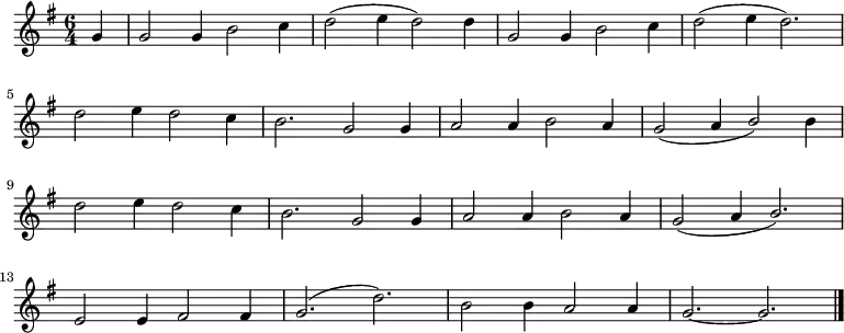 
\new Staff <<
\autoBeamOff
  \time 6/4
  \key g \major
  \partial 4
  \relative c' { \set Staff.midiInstrument = #"clarinet"
  g'4 | g2 g4 b2 c4 | d2 ( e4 d2 ) d4 | g,2 g4 b2 c4 | d2 ( e4 d2. ) \break |
  d2 e4 d2 c4 | b2. g2 g4 | a2 a4 b2 a4 | \stemUp g2 ( a4 b2 ) \stemNeutral b4 \break |
  d2 e4 d2 c4 | b2. g2 g4 | a2 a4 b2 a4 | \stemUp g2 ( a4 b2. ) \break |
  \stemNeutral e,2 e4 fis2 fis4 | g2. ( d'2. ) | b2 b4 a2 a4 | g2. ~ g2. \bar "|."
  }
>>
\layout { indent = #0 }
\midi { \tempo 4 = 170 }
