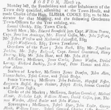 Announcement of newly elected Boston selectmen, 1733