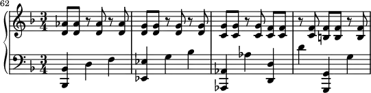 
    { \new PianoStaff <<
        \new Staff <<
            \set Score.currentBarNumber = #62
            \bar ""

            \relative c' {
                \set Score.tempoHideNote = ##t \tempo 4 = 160
                \clef treble
                \key f \major
                \time 3/4

                <d aes'>8 <d aes'> r <d aes'> r <d aes'>
                <d g> <d g> r <d g> r <d g>
                <c g'> <c g'> r <c g'> <c f>[ <c f>]
                r <c f> <b f'>[ <b f'>] r <b f'>
                }
            >>
        \new Staff <<
            \relative c, {
                \clef bass
                \key f \major
                \time 3/4

                <bes bes'>4 d' f
                <ees, ees'> g' bes
                <aes,, aes'> aes'' <d,, d'>
                d'' <g,,, g'> g''
                }
            >>
    >> }
