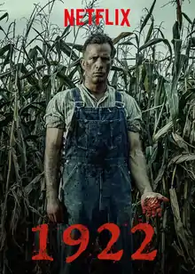 A farmer stands in front of a field of crops, with the words "Netflix" over him and "1922" under him in red font.