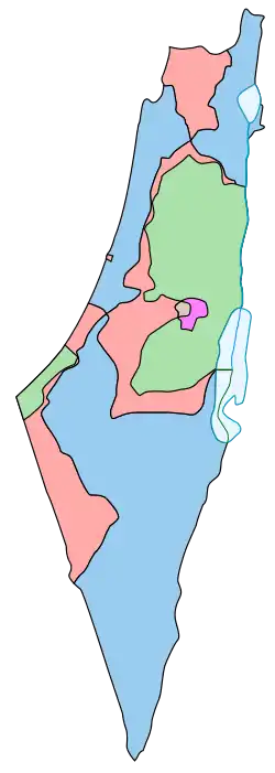 Map comparing the borders of the 1947 partition plan and the armistice of 1949.