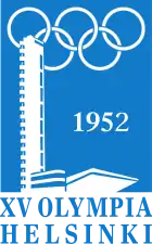 A soild blue background is intruded on its left side by a structure, shaded in white, representing the tower and stand of the Helsinki Olympic Stadium. The Olympic rings, also white, lie at the top of the blue background, partly obscured by the stadium's tower. The word "1952" is written in white in the middle of the blue background, while "XV Olympia Helsinki" is written in blue, beneath the image.