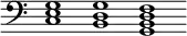 { \override Score.TimeSignature #'stencil = ##f \clef bass \cadenzaOn <c e g>1 <b, d g> <g, b, d f> }