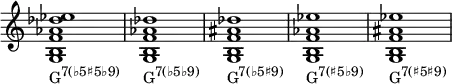  {
\override Score.TimeSignature #'stencil = ##f
\relative c' {
   \clef treble
   \time 4/4
   \key c \major
   \textLengthOn
   <g b f' aes des es>1_\markup { \concat { "G" \raise #1 \small { "7(♭5♯5♭9)" } } }
   <g b f' aes des>_\markup { \concat { "G" \raise #1 \small { "7(♭5♭9)" } } }
   <g b f' ais des>_\markup { \concat { "G" \raise #1 \small { "7(♭5♯9)" } } }
   <g b f' aes es'>_\markup { \concat { "G" \raise #1 \small { "7(♯5♭9)" } } }
   <g b f' ais es'>_\markup { \concat { "G" \raise #1 \small { "7(♯5♯9)" } } }
} }
