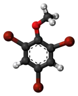 Ball-and-stick model of the 2,4,6-tribromoanisole molecule