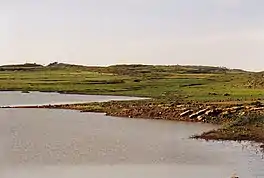 A lake with a rocky and green foreshore