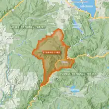 A map of the Storrie Fire, showing its spread northeast up the Feather River Canyon through Plumas and Lassen National Forests.