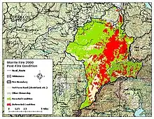 A topographic map of the Storrie Fire's footprint shows non-forested land in beige. Forested land either remaining so after the fire (green) or deforested (red) takes up much of the footprint.