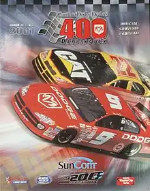 The 2001 Carolina Dodge Dealers 400 program cover, featuring Bill Elliott and Ward Burton.