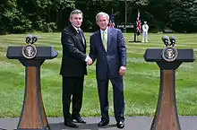 Prime Minister Gordon Brown and President George W. Bush having their first meeting at Camp David, 2007