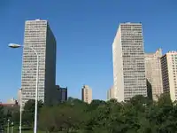 Tall buildings behind trees