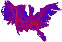 Cartogram of popular vote with each county rescaled in proportion to its population. Deeper blue represents a Democratic majority; brighter red represents a Republican majority.