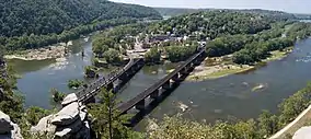 Aerial view of Harpers Ferry from Maryland Heights at the confluence of the Shenandoah (left) and Potomac rivers