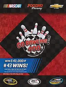 The 2014 Gobowling.com 400 program cover. The program featured an advertisement that featured a giveaway of $43,000 if Aric Almirola won.