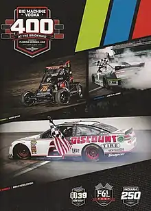 The 2019 Brickyard 400 program cover, featuring the winners of last year's races at Indianapolis- Brady Bacon (BC 39), Justin Allgaier (Indiana 250), and Brad Keselowski (Brickyard 400).