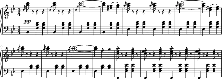 
 \relative c' {
  \new PianoStaff <<
   \new Staff { \key g \minor \time 3/4
\set Score.tempoHideNote = ##t
     \tempo 2. = 52
      \slashedGrace d'8 <bes' d> r r4 r \slashedGrace d,8 <bes' d> r r4 r \slashedGrace d,8 <bes' d>2.~ <bes d>4 <fis a>( <g bes>) \slashedGrace a8( <a c>) r r4 r \slashedGrace a8( <a c>) r r4 r \slashedGrace a8( <a c>2.~) <a c>4 <d, fis>( <ees g>) \slashedGrace g8( <g bes>) r r4 r \slashedGrace g8( <g bes>) r r4 r \slashedGrace g8( <g bes>2.~) <g bes>4 f-. g <c, ees a>8-. r r4 <c ees g>8-. r <c ees f>8-. r r4 <c ees g>8-. r <c ees a>-. r r4 <c ees g>8-. r <c ees f>-. r r4 <c ees>8-. r
   }
   \new Dynamics {
    \slashedGrace s8 s\pp
      }
   \new Staff { \key g \minor \time 3/4 \clef bass \slashedGrace s8
      bes,,4 <f' bes d> <f bes d>     bes, <f' bes d> <f bes d>
         bes, <f' bes d> <f bes d>       bes, <f' bes d> <f bes d>
         ees <g c ees> <g c ees>         ees <g c ees> <g c ees>
         ees <g c ees> <g c ees>         ees <g c ees> <g c ees>
         f <bes d> <bes d>               f <bes d> <bes d>
         f <bes d> <bes d>               f <bes d> <bes d>
         f, <f' a ees'> <f a ees'>       f, <f' a ees'> <f a ees'>
         f, <f' a ees'> <f a ees'>       f, <f' a ees'> <f a ees'>
   }
  >>
 }
