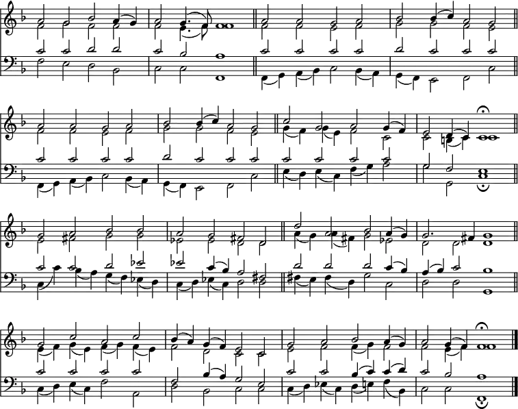 
<< <<
\new Staff { \clef treble \time 4/2 \key f \major \set Staff.midiInstrument = "flute" \omit Staff.TimeSignature  \set Score.tempoHideNote = ##t \override Score.BarNumber  #'transparent = ##t
  \relative c'' 
  << { a2 g bes a4( g) | a2 g4.( f8) f1 \bar"||" a2 a g a | bes bes4( c) a2 g \bar"||"  %78
  a2 a g a | bes bes4( c) a2 g \bar"||" c2 g a g4( f) | e2 d4( c) c1\fermata \bar"||"   %87
  g'2 a bes bes | a g fis d \bar"||" d' a bes a4( g) | g2. fis4 g1 \bar"||"             %87
  g2 c a c | bes4( a) g( f) e2 c | g' a bes a4( g) | a2 g4( f) f1\fermata \bar"|." } \\ %87
  { f2 g f f | f e4.( f8) f1 | f2 f e f | g g f e |
  f2 f e f | g g f e | g4( f) g( e) f2 c | c b4( c) c1 |
  e2 fis g g | es es d d | a'4( g) a( fis) g2 es | d2 d d1 |
  e4( f) g( e) f( g) f( e) | f2 d c c | e2 f f4( g) f2 | f2 e4( f) f1 } >>
}
\new Lyrics \lyricmode {
}
\new Staff { \clef bass \key f \major \omit Staff.TimeSignature \set Staff.midiInstrument = "flute"
  \relative c'
  << { c2 c d d | c bes a1 | c2 c c c | d c c c |
  c2 c c c | d c c c | c c c c | g f e1 |
  c'2 c d es | es c4( bes) a2 fis | d' d d c4( bes) | a( bes) c2 bes1 |
  c2 c c c | f, bes4( a) g2 e | c' c bes4( c) c( d) | c2 bes a1 } \\
  { f2 e d bes | c c f,1 | f4( g) a( bes) c2 bes4( a) | g( f) e2 f c' |
  f,4( g) a( bes) c2 bes4( a) | g( f) e2 f c' | e4( d) e( c) f( g) a2 | g2 g, c1\fermata |
  c4( c') bes( a) g( f) es( d) | c( d) es( c) d2 d | fis4( e) fis( d) g2 c, | d d g,1 |
  c4( d) e( c) f2 a, | d bes c c | c4( d) es( c) d( e) f( bes,) | c2 c f,1\fermata } >>
}
>> >>
\layout { indent = #0 }
\midi { \tempo 2 = 70 }
