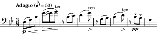  \relative c { \set Staff.midiInstrument = #"cello" \clef bass \time 3/8 \tempo "Adagio" 8 = 50 \key bes \major d8(\p\< f) bes\! | f'\>( fis g^"ten")\! | r bes,( c) | d4( f8)^"ten"\> | r\! g,( a) | bes4( d8)^"ten"\> | r\! bes-_\pp a-_ | f4 } 