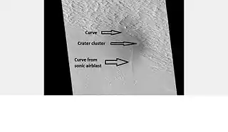 Image indicates crater cluster and curved lines formed by airblast from meteorites.  Meteorites caused airblast which caused dust avalanches on steep slopes.  Image is from HiRISE.