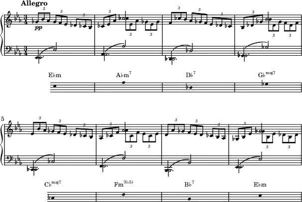  { <<
 \new PianoStaff <<
  \new Staff << \magnifyStaff #2/3
   \new Voice \relative c' {
   \key es \major \set Score.tempoHideNote = ##t \tempo 4 = 120 \time 3/4
   \mark \markup { \abs-fontsize #10 { \bold { Allegro } } }
   \times 2/3 {ges'8_\markup{\dynamic pp} bes aes} \times 2/3 {ges f ees} \times 2/3 {des ces bes} |
   \times 2/3 {ces ees aes} \stemDown \times 2/3 {ces ees, aes} \times 2/3 {ges ees ges} |
   \stemNeutral \times 2/3 {f ces' bes} \times 2/3 {aes ges f} \times 2/3 {ees des ces} |
   \times 2/3 {bes des ges} \stemDown \times 2/3 {bes des, ges} \times 2/3 {f des f} |
   \stemNeutral \times 2/3 {ees bes' aes} \times 2/3 {ges f ees} \times 2/3 {des ces bes} |
   \times 2/3 {aes ces f} \stemDown \times 2/3 {aes ces, f} \times 2/3 {ees ces ees} |
   \stemNeutral \times 2/3 {d aes' ges} \times 2/3 {f ees d} \times 2/3 {ces bes aes} |
   \times 2/3 {ges bes ees} \stemDown \times 2/3 {ges bes, ees} \times 2/3 {des bes des} |
   }
   \new Voice \relative c' { \stemUp
   s2. | s4 ces'2 | s2. | s4 bes2 |
   s2. | s4 aes2 | s2. | s4 ges2 |
   }
  \new Staff << \magnifyStaff #2/3
   \new Voice \relative c' {
   \key es \major \clef F \time 3/4 \stemUp \slurUp
   ees,,4( ees'2) | aes,4( aes'2) | des,,4( des'2) | ges,4( ges'2)
   ces,,4( ces'2) | f,4( f'2) | bes,,4( bes'2) | ees,4( ees'2)
   } 
   \new Voice \relative c' { \stemDown
   ees,,2. | aes2. | des,2. | ges2.
   ces,2. | f2. | bes,2. | ees2.
   } 
 >> >> >>
 \new Staff = "chords" \with {
      \omit TimeSignature
      \magnifyStaff #2/3
    } \relative c' 
 { \hide Staff.KeySignature \key ees \major \clef bass \hide Staff.Clef
 {\stopStaff s4 \startStaff \hide Stem ees,8 s s s s s aes s s s s s des, s s s s s ges s s s \stopStaff s s \startStaff ces, s s s s s f s s s s s bes, s s s s s ees}} 
\addlyrics \with { alignAboveContext = "chords" \override VerticalAxisGroup.nonstaff-relatedstaff-spacing =
      #'((basic-distance . 3)) } { \override LyricText.font-size = #-2 E♭m \markup{\concat{A♭m\super{7}}} \markup{\concat{D♭\super{7}}} \markup{\concat{G♭\super{maj7}}} \markup{\concat{C♭\super{maj7}}} \markup{\concat{Fm\super{7(♭5)}}}  \markup{\concat{B♭\super{7}}} E♭m }
 >>
 }
\layout { line-width = #150 }
