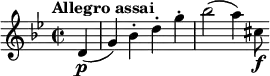 
\relative c' {
 \time 2/2
 \tempo "Allegro assai"
 \key g \minor
 \set Staff.midiInstrument = #"violin"
 \set Score.tempoHideNote = ##t \tempo 2 = 120
 \partial 4 d\p ( g ) bes-. d-. g-. bes2 ( a4 ) cis,8\f
}
