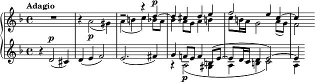 
    { \new PianoStaff <<
        \new Staff <<
            \tempo Adagio
            \set Staff.midiInstrument = #"clarinet"
            \new Voice \relative c'' {
                \set Score.tempoHideNote = ##t \tempo 4 = 46
                \stemUp \clef treble \key d \minor \time 4/4
                s1 s1 r2 r4 d^\p^~ d cis d e f2 e4 c^~ c4
                }
            \new Voice \relative c'' {
                \stemDown
                R1 r4 a2\p_( gis4) a_( b c) bes8 a bes4 a8 g a4 b c8 b16 a g2 a8_( g) f2
                }
            >>
        \new Staff <<
            \set Staff.midiInstrument = #"bassoon"
            \mergeDifferentlyHeadedOn
            \mergeDifferentlyDottedOn
            \new Voice \relative c' {
                \stemUp \clef treble \key d \minor \time 4/4
                r4 d2^\markup {\dynamic p}( cis4) d( e f2) e2.( fis4) g f!8 e f4 b,8^( e^~ e8 d16 c d4 e2^~) e4
                }
            \new Voice \relative c' {
                \stemDown
                s1 s1 s1 r4 a2\p_( gis4 a b c2) a4
                }
            >>
    >> }
