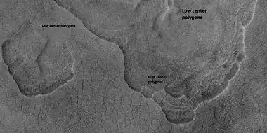 Scalloped terrain labeled with both low center polygons and high center polygons, as seen by HiRISE under HiWish program  Location is Casius quadrangle.  Image enlarged with HiView.