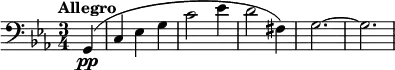 \relative c{ \clef bass \key c \minor \time 3/4 \tempo "Allegro" \partial 4 g(\pp | c ees g | c2 ees4 | d2 fis,4) | g2.~ | g2.}