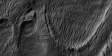 Close view of snout of glacier, as seen by HiRISE under the HiWish program  High center polygons are visible.  Box shows size of football field.