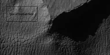 Close view of high center polygons near glacier, as seen by HiRISE under the HiWish program  Box shows size of football field.