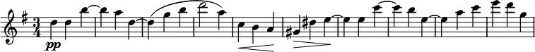 
\relative c'' {
  \time 3/4
  \key g \major
  d4\pp d b'~ | b a d,~ | d( g b | d2 a4) | c,\< b a\! | gis\> dis' e~\! | e e c'~ | c b e,~ | e a c | e d g,
}
