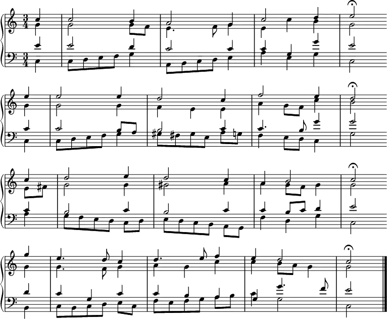 
{ \new PianoStaff <<
    \set Score.tempoHideNote = ##t
  \override Score.BarNumber  #'transparent = ##t
  \new Staff << 
    \new Voice \relative c'' {\set Staff.midiInstrument = #"church organ" \tempo 4 = 104 \voiceOne \clef treble \key c \major \time 3/4 \partial 4
    c4 | c2 b4 | a2 g4 | c2 d4 | e2\fermata \bar"" \break
    e4 | e2 e4 | d2 c4 | f2 e4 | d2\fermata \bar"" \break
    c4 | d2 e4 | d2 c4 | a4 b2 | c2\fermata \bar"" \break
    g'4 | e4. d8 c4 | d4. e8 f4 | e4 d2 | c2\fermata \bar "|."
 } 
    \new Voice \relative c'' { \voiceTwo 
    g4 | g2 g8 f | e4. f8 g4 | e c' b | g2
    g4 | g2 g4 | f e e | a4 g8 f c'4 | b2
    e,8 fis | g2 g4 | gis2 a4 | a g8 f g4 | g2
    g4 | g4. f8 g4 | a g c | c b8 a g4 | g2
 } 
  >>
  \new Staff <<
    \new Voice \relative c' {\set Staff.midiInstrument = #"church organ" \clef bass \key c \major \time 3/4 \voiceOne
    e4 | e2 d4 | c2 c4 | c g g' | e2
    c4 | c2 b8 a | b2 c4 | c4. b8 g'4 | g2
    c,4 | b2 c4 | b2 c4 | c4 b8 c d4 | e2
    d4 | c g c | c b a | g g'4.  f8 | e2
    
 }
    \new Voice \relative c { \voiceTwo 
    c4 | c8 d e f g4 | a,8 b c d e4 | a e g | c,2
    c4 | c8 d e f g4 | gis8[ fis gis e] a g | f4 e8 d c4 | g'2 
    a4 | g8[ f e d] c d | e[ d c b] a g | f'4 d g | c,2
    b4 | c8[ b c d] e c | f[ e f g] a b | c4 g2 | c,2
 } 
   >> >> }
