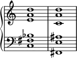  {
\override Score.TimeSignature #'stencil = ##f
\relative c' { \new PianoStaff << 
  \new Staff { \clef treble \time 4/4 <e a d>1 <c a' d>1 } 
  \new Staff { \clef bass \time 4/4 <c, fis bes>1 <fis, e' ais>1 }
>> } }
