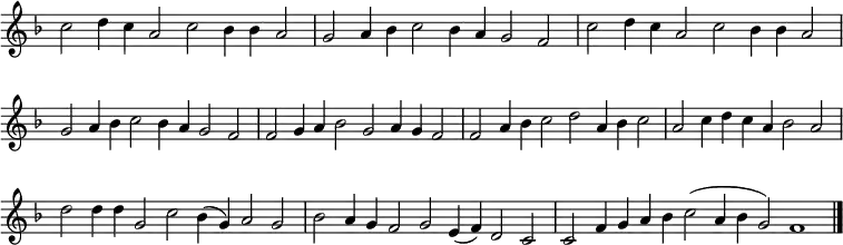 
{ \key f \major
\set Score.tempoHideNote = ##t
\tempo 2=72
\set Staff.midiInstrument = "english horn"
\omit Score.TimeSignature
\override Score.BarNumber  #'transparent = ##t
\cadenzaOn
\relative c'' {
\repeat unfold 2 { c2 d4 c a2 c bes4 bes a2 \bar"|"
g2 a4 bes c2 bes4 a g2 f \bar"|" }

f2 g4 a bes2 g a4 g f2 \bar"|"
f2 a4 bes c2 d a4 bes c2 \bar"|"

a2 c4 d c a bes2 a \bar"|"

d2 d4 d g,2 c bes4( g) a2 g \bar"|"
bes2 a4 g f2 g e4 (f) d2 c \bar"|"

c2 f4 g a bes c2( a4 bes g2) f1 \bar "|."}
}
