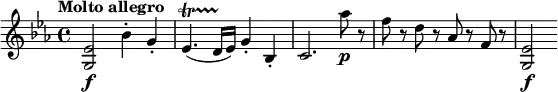 
\relative c' { \set Staff.midiInstrument = #"string ensemble 1"
  \key es \major
  \tempo "Molto allegro" \set Score.tempoHideNote = ##t \tempo 4 = 144
 <g es'>2\f bes'4-. g-. es4.\startTrillSpan( d16\stopTrillSpan es) g4-. bes,-. c2. as''8\p r f r d r as r f r <g, es'>2\f
}
