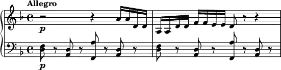 
{ \new PianoStaff <<
\new Staff \relative a' { \set Staff.midiInstrument = #"string ensemble 1" \key d \minor \clef treble \time 4/4 \set Score.tempoHideNote = ##t \tempo "Allegro" 4 = 100
  r2 \p r4 a16 a16 d,16 d16 | % 2
  a16 a16 d16 d16 f16 f16 e16 e16 d8 r8 r4
  }
\new Staff \relative d { \set Staff.midiInstrument = #"string ensemble 1" \key d \minor \clef bass \time 4/4
  <d f>8 \p r8 <a d>8 r8 <f a'>8
  r8 <a d>8 r8 | % 2
  <d f>8 r8 <a d>8 r8 <f a'>8 r8 <a d>8 r8 }
>> }
