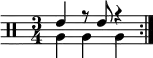 
    \new DrumStaff <<
       \new voice \drummode { 
           \set Score.tempoHideNote = ##t \tempo 4 = 120
           \time 3/4
           \stemUp \repeat volta 2 { tommh4 r8 tommh r4 }
       }
       \new voice \drummode {
           \stemDown \repeat volta 2 { tomfh4 tomfh tomfh }
       }
   >>
