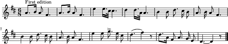 
\transpose c d \relative c'' {
  \key c \major \set Staff.midiInstrument = #"acoustic guitar (nylon)"
  \time 6/8 \set Score.tempoHideNote = ##t \tempo 4 = 60 \autoBeamOff
  g8.^"First edition" [a16] g8 e4. | g8. [a16] g8 e4. | d'4 d16. [b32] b4. | c4 c16. [g32] g4. | a4 a8 c8. b16 a8 | g8. a16 g8 e4. |
  a4 a8 c8. b16 a8 | g8. a16 g8 e4. | d'4 d8 f8.-> d16 b8 | c4. (e4) r8 | c8. [g16] e8 g8. f16 d8 | c4.~ c4 r8 \bar "|."
}
