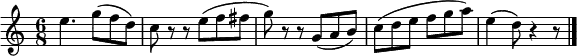 
\relative c'' {
  \time 6/8
  e4. g8( f d) |
  c8 r r e( f fis |
  g8) r r g,( a b) |
  c8( d e f g a) |
  e4( d8) r4 r8 | \bar "|."
}
