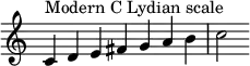  {
\override Score.TimeSignature #'stencil = ##f
\relative c' { 
  \clef treble \time 7/4
  c4^\markup { Modern C Lydian scale } d e fis g a b c2
} }
