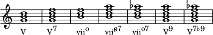 
{
#(set-global-staff-size 16)
\override Score.TimeSignature #'stencil = ##f
\relative c'' { 
  \clef treble 
  \time 4/4 
  <g b d>1_\markup{ \concat{ "V" \hspace #6 "V" \raise #1 "7" \hspace #5.5 "vii" \raise #1 "o" \hspace #4.5 "vii" \raise #1 "ø7" \hspace #3 "vii" \raise #1 "o7" \hspace #4 "V" \raise #1 "9" \hspace #4 "V" \raise #1 "7♭9" } }
  <g b d f>
  <b d f>
  <b d f a>
  <b d f aes>
  <g b d f a>
  <g b d f aes>
} }
