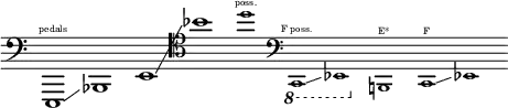 
  \layout { ragged-right = ##t \context { \Score \omit BarNumber } }
  {
    \new Staff \with { \remove "Time_signature_engraver" }
    \clef bass \key c \major \cadenzaOn

    e,,1                        ^ \finger \markup \text "pedals"
    \glissando
    bes,,1

    e,1
    \glissando
    \clef tenor  bes'1

    \tweak font-size #-2  d''1  ^ \finger \markup \text "poss."

    \clef bass
    \ottava #-1
    \tweak font-size #-2  c,,1  ^ \finger \markup \text "F poss."
    \glissando
    \tweak font-size #-2 ees,,1
    \ottava #0

    \tweak font-size #-2  b,,1  ^ \finger \markup \text "E*"

    \tweak font-size #-2  c,1   ^ \finger \markup \text "F"
    \glissando
    \tweak font-size #-2  ees,1
  }
  