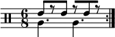 
    \new DrumStaff <<
       \new voice \drummode { 
           \set Score.tempoHideNote = ##t \tempo 4 = 120
           \time 6/8
           \stemUp \repeat volta 2 { tommh8[ r tommh] r[ tommh r] }
       }
       \new voice \drummode {
           \stemDown \repeat volta 2 { tomfh4. tomfh }
       }
   >>
