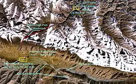 NASA satellite image showing the towns of  Sumgal in Ladakh  and Pusa in southwestern Hotan,  and the Hindu-tash Pass connecting them.  The pass is marked in bright red.